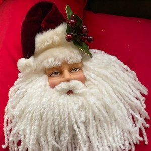 Vintage Victorian Luxury Hanging Santa Head Decor w/Red Velvet Hat & Soft Beard